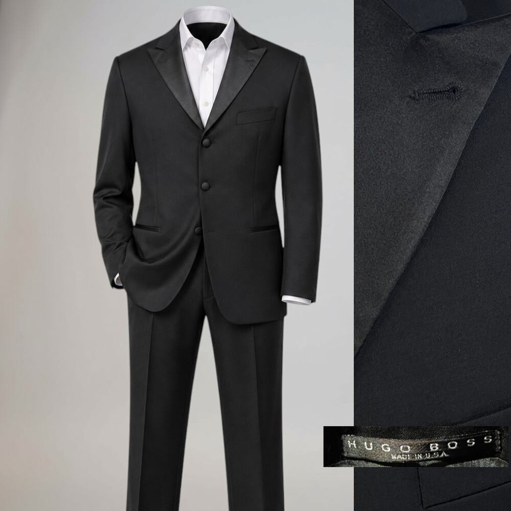 Hugo Boss Tuxedo S100s 42R 34x30 Black Designer Tux Suit 3 Btn